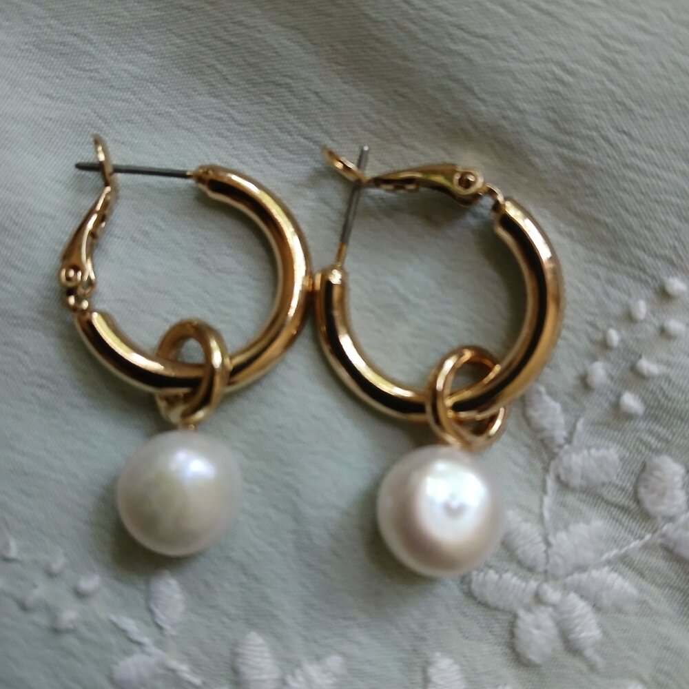 Argento Vivo  Gold Toned Hoop Earrings With Pearl Charms